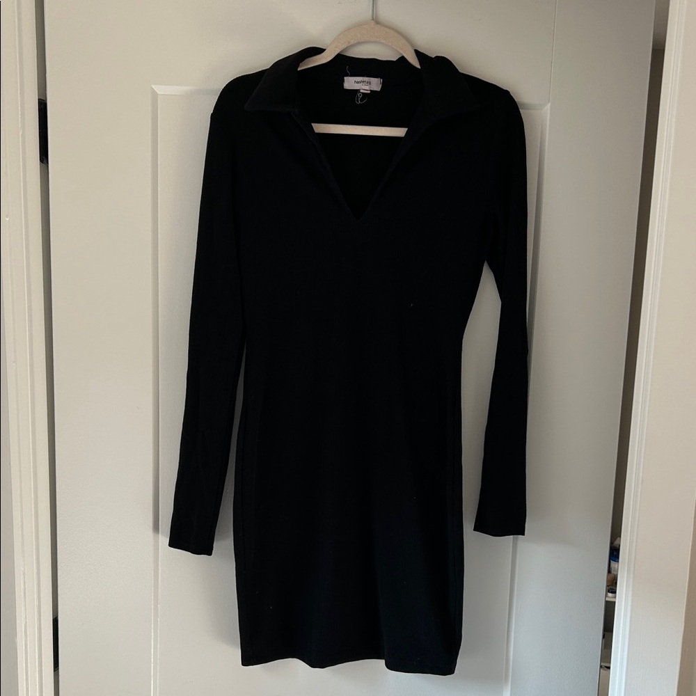 Black Long-Sleeve Collared V-Neck Dress